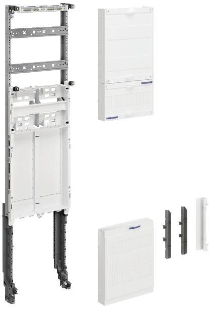 Installationssystem mit weißen Montageplatten und schwarzen Halterungen; Komponenten dargestellt in Einzelteilen und zusammengebaut.