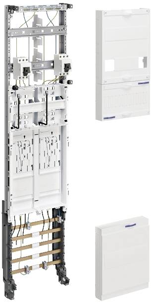 Interner Aufbau eines Verteilerkastens mit mehreren Verdrahtungsebenen und Anschlüssen. Einzelne Module sind getrennt dargestellt.