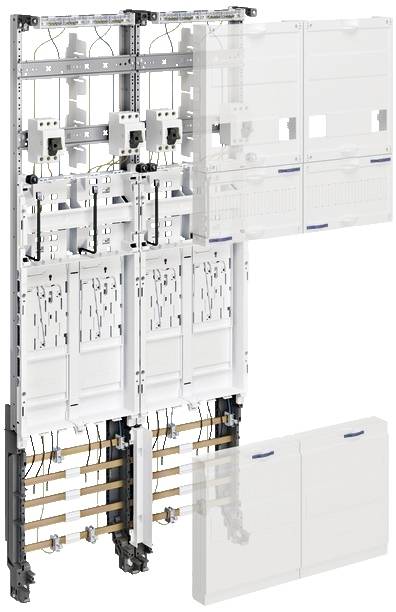Explodierte Ansicht eines elektrischen Schaltschrankes mit sichtbaren Leitungen und Anschlusseinheiten, teilweise durchsichtige Abdeckungen.