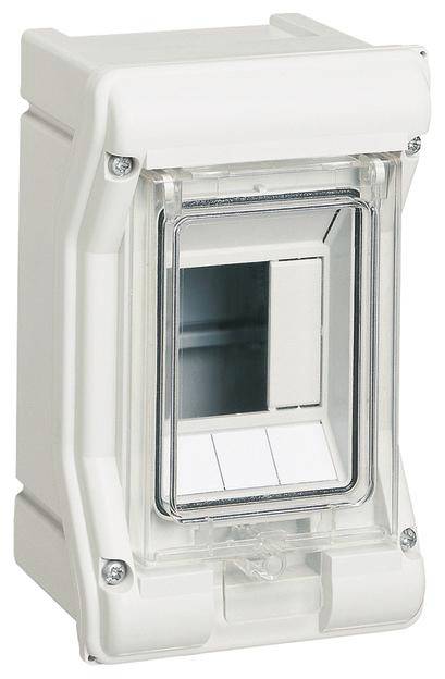 Weiße elektrische Gehäusebox mit transparentem Deckel, geeignet für den Schutz von Schaltern oder Steckdosen im Innenbereich.