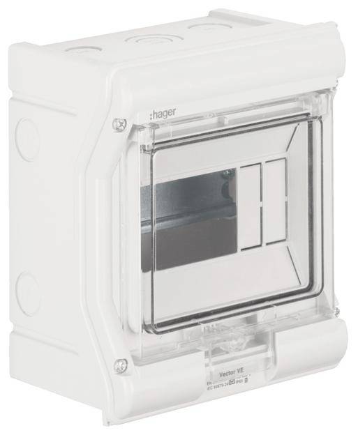 Weiße elektrische Verteilerbox mit durchsichtiger Abdeckung, montiert, klare Ansicht auf Innenraum und Schalter.