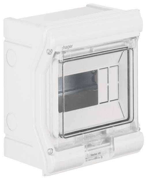 Elektrischer Verteilerkasten mit transparentem Deckel, zwei Fächern und der Aufschrift 'Hager Vector VE42 '. Ideal für Wandmontage.