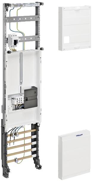 Einbauverteiler für Elektroinstallationen, zeigt Gehäuse und Verkabelung. Links offenes Gehäuse, rechts geschlossene Frontblenden.