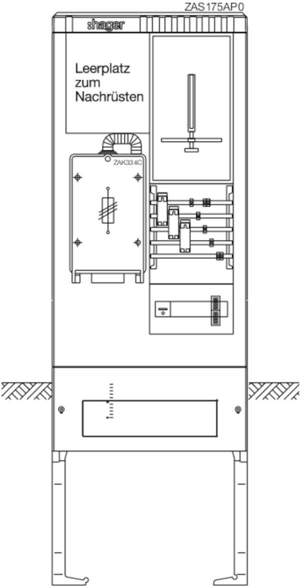 Grafik eines Schaltschranks mit der Aufschrift 'Leerplatz zum Nachrüsten'. Verschiedene Komponenten und Schalter sind sichtbar.