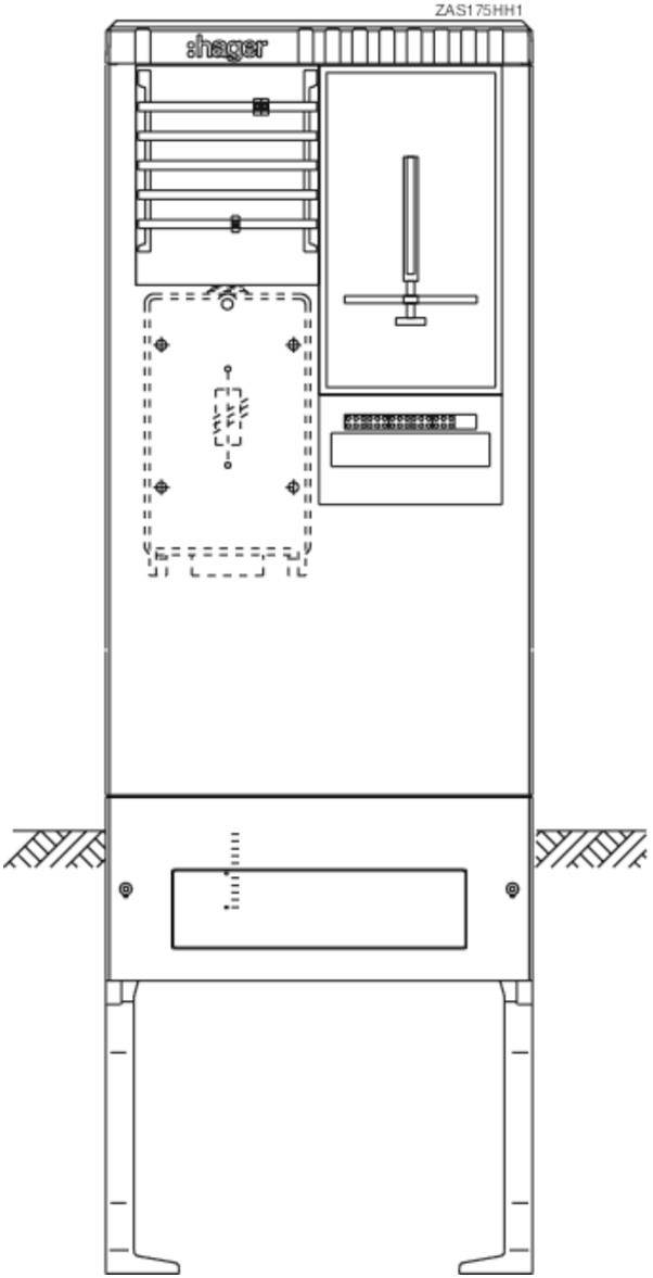 Diagramm eines elektrischen Schaltschranks mit Frontansicht. Enthält Schalter, Anzeigen und ein Bedienfeld auf einer vertikalen Anordnung.
