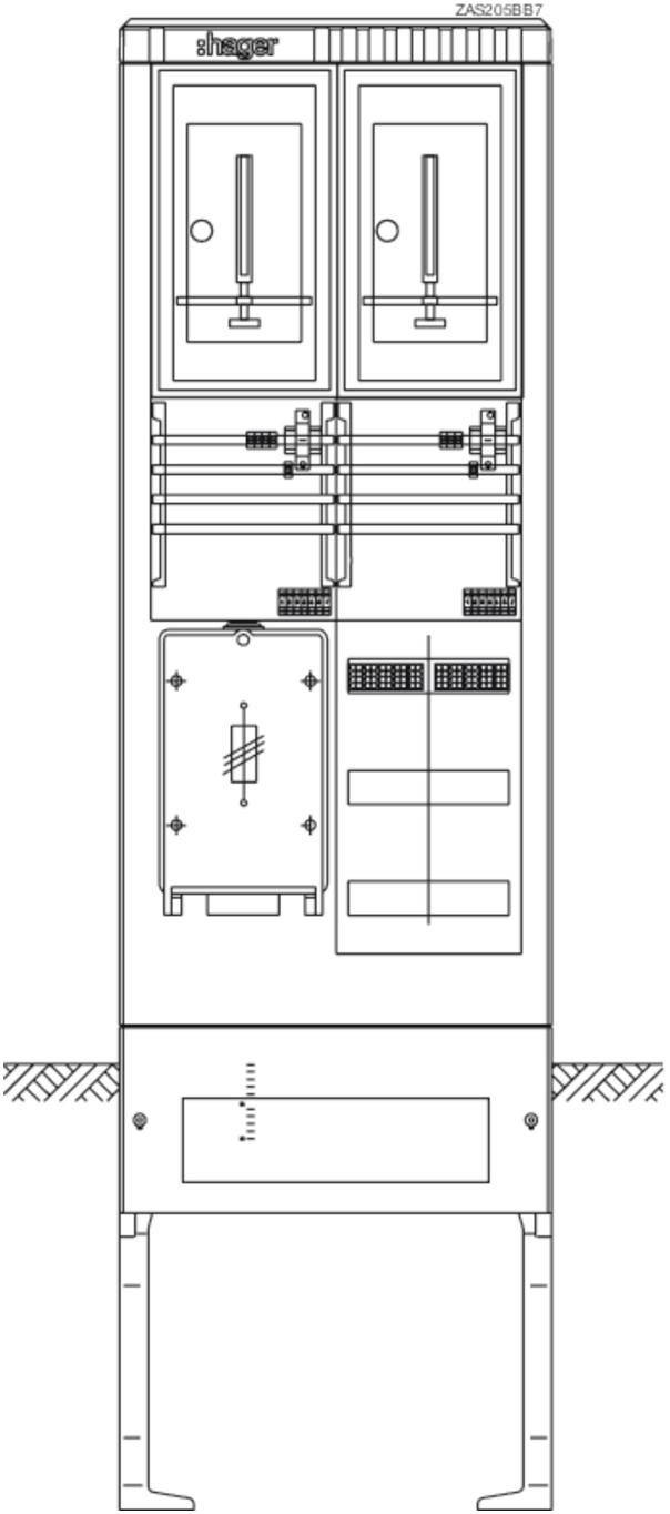 Schaltschrankschema mit technischem Design: zwei Hauptschalter oben, verschiedene Steuerungselemente zentral, Verkabelung unten.