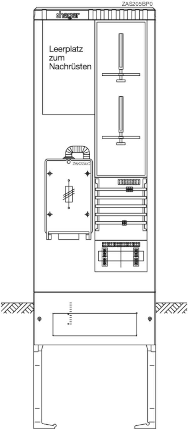 Schaltschrankschema mit Lüfter, mehreren Steckplätzen und der Aufschrift 'Leerplatz zum Nachrüsten'.