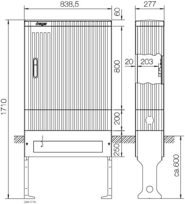 Strichzeichnung eines elektrischen Gehäuses mit Abmessungen. Hauptabmessungen: 1710 mm Höhe, 838,5 mm Breite, 277 mm Tiefe.