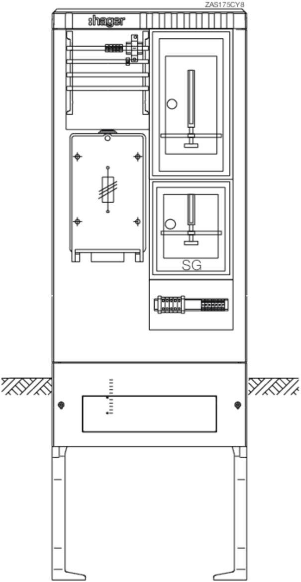 Zeichnung eines elektrischen Schaltschranks mit verschiedenen Schaltern, Anzeigen und einem Sicherungskasten. Inschriften 'SG' sichtbar.