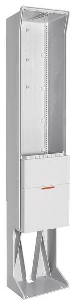 Ein elektrischer Verteilerkasten in Weiß mit integriertem Schrank, geöffnet mit sichtbaren Befestigungspunkten und Tragschienen.