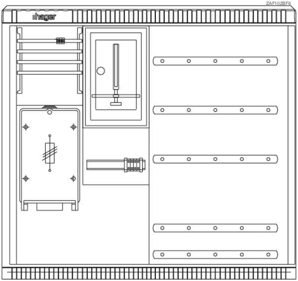 'Schneider Electric' Elektroverteilerkasten mit verschiedenen Anschlüssen und Schaltern auf einem technischen Zeichnungsplan.