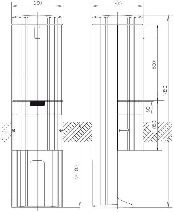 Technische Zeichnung eines zylindrischen Geräts mit Maßen. Höhe 1350 mm, Breite 360 mm. Seitenansicht zeigt Einbau im Boden.