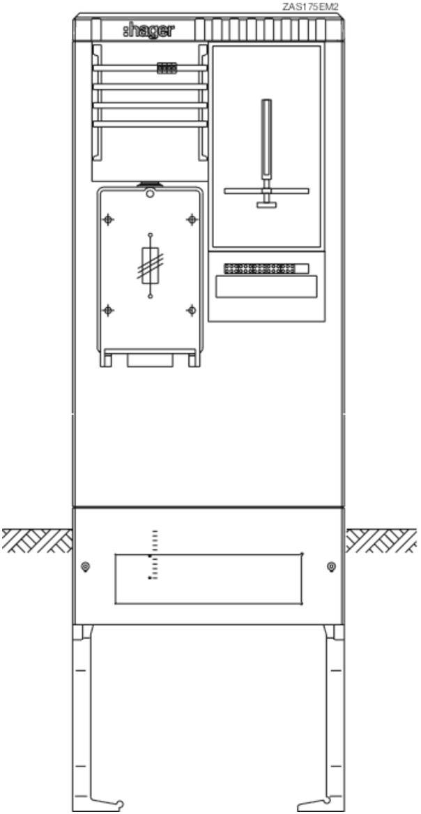 Zeichnung eines technischen Geräts mit mehreren Abschnitten, darunter eine Schalttafel, Lüftungsschlitze und ein Bedienfeld.