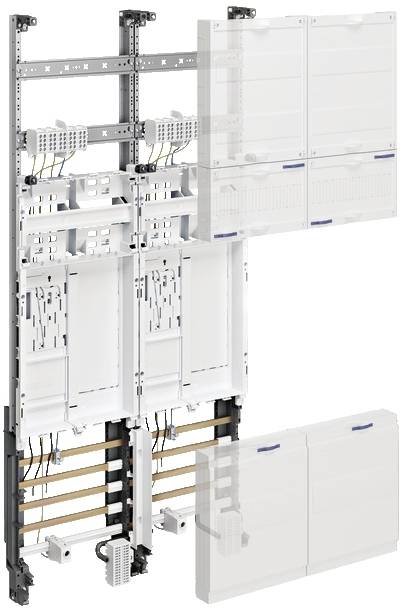 Ein modulares Verteilerfeld mit mehreren Abteilungen und Busleisten, geeignet zur Installation in elektrischen Schaltschränken.