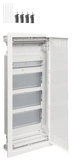 Weißer elektrischer Verteilerkasten mit vier horizontalen Schienen und offener Tür. Vier schwarze Kabelhalter und weiße Kabelbinder sichtbar.