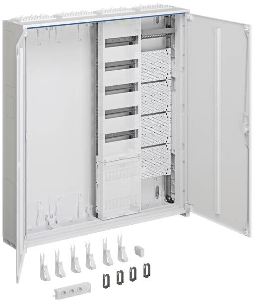 Offener Schaltschrank mit Türen, enthaltene Module und Zubehör darunter. Geeignet für Telekommunikationsverkabelung oder Netzwerktechnik.