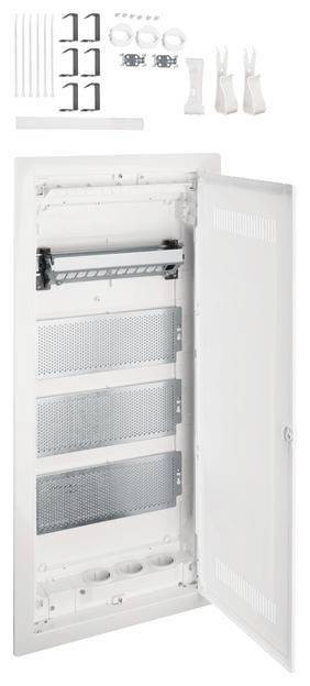 Geöffneter Verteilerkasten mit Zubehörteilen, einschließlich Halterungen, Kabelbinder und Schrauben, bereit zur Installation.