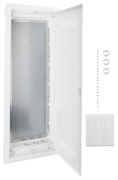 Weißer, offener Metallschrank mit perforierter Rückwand und beiliegendem Montagematerial, geeignet für technische Installationen.