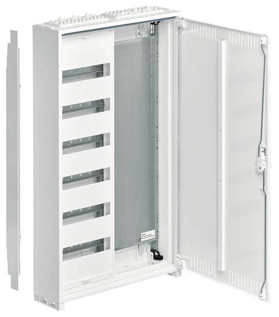 Ein offener, sechsstufiger Elektroverteilerkasten mit sichtbaren Fächern und Kabelkanälen. Eignet sich für Hauselektrik.