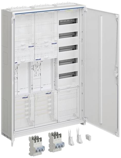 Geöffneter Schaltschrank mit drei Modulen, interessierten Einzelteilen und Zubehör. Ideal für Elektroinstallationen.