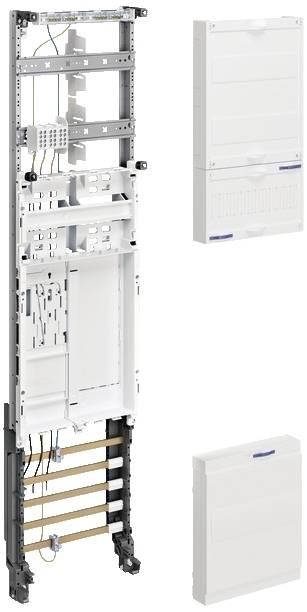 Installationsrahmen für Elektroverteilung, zeigt vertikales Gehäuse mit Kabelkanälen und Anschlussmöglichkeiten, neben zwei Verteilern.