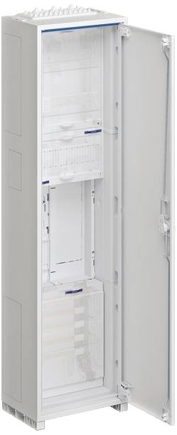 Ein geöffneter, hoher Kühlschrank zeigt verschiedene leere Fächer und Regale. Die Tür ist vollständig geöffnet.