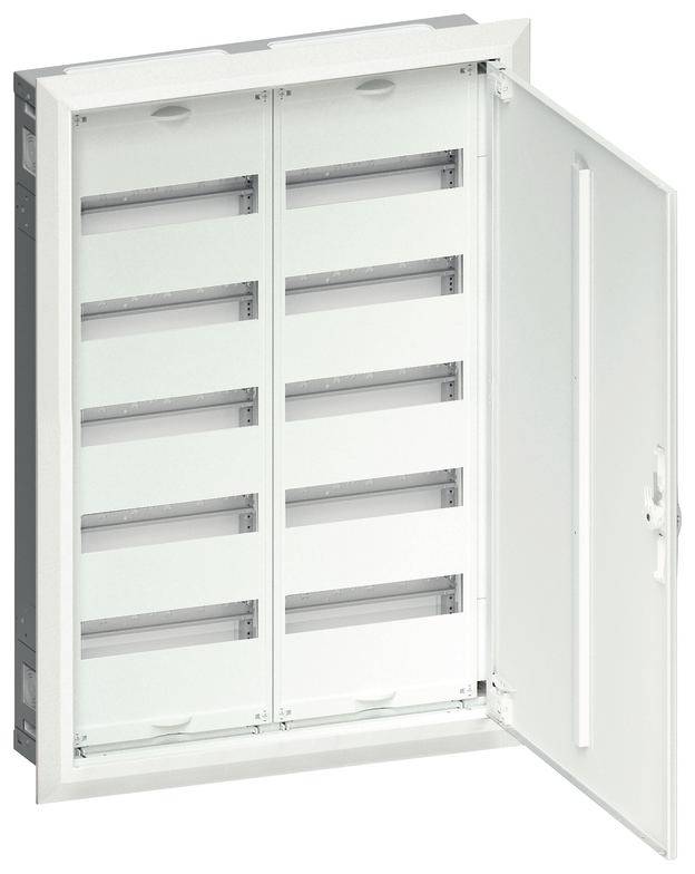 Ein geöffneter, leerer Verteilerkasten mit mehreren horizontalen Fächern, geeignet für die Installation von elektrischen Komponenten.