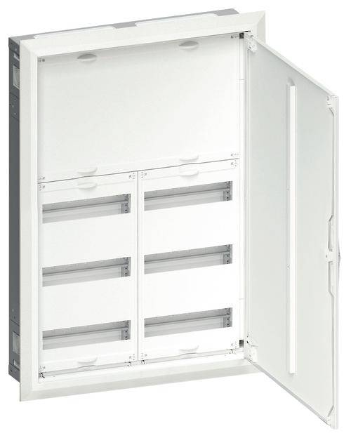 Ein geöffneter Sicherungskasten mit mehreren leeren Schienen und Fächern, deutliches Design, geeignet für die Elektroinstallation.