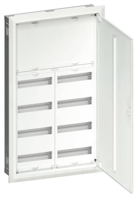 Offener weißer Schaltschrank mit mehreren horizontalen Fächern. Geeignet für Elektroinstallationen in Wohn- oder Gewerbegebäuden.