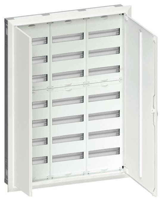 Ein geöffneter Schaltschrank mit mehreren Reihen von Fächern zur Unterbringung elektrischer Komponenten.