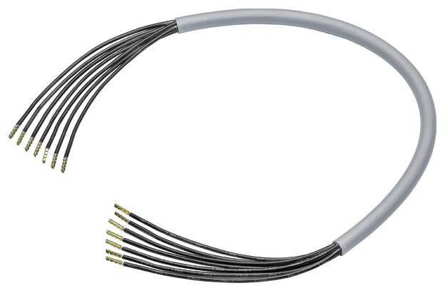 Ein graues Kabel mit mehreren schwarzen Drähten an beiden Enden, die mit goldenen Kontakten versehen sind.