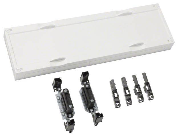 Elektrisches Set mit weißer Abdeckplatte, zwei schwarzen Modulen und vier grauen Steckverbindern, auf weißem Hintergrund.