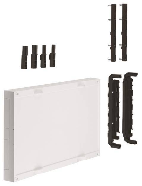 Bausatz für eine Wandmontage: rechteckige Abdeckung, vier Schrauben und zwei Halterungen. Geeignet für Elektroinstallationen.