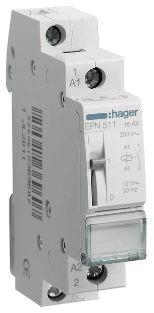 Einpoliger Schalter mit der Aufschrift 'Hager EPN 511', geeignet für 16 AX und 250 V~, mit Anschlussklemmen A1, A2 auf 12 V~/50 Hz.