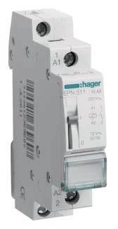 Ein zweipoliger elektrischer Schalter von Hager mit einem weißen Gehäuse und grüner Anzeige, geeignet für 250V/16A Stromkreise.