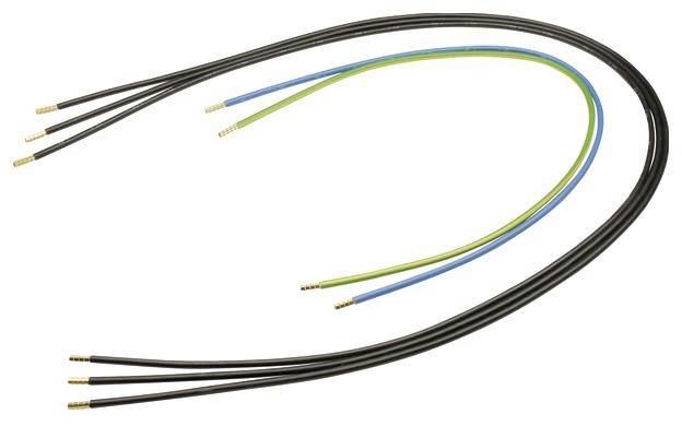 Mehrere lange, dünne mehrfarbige Kabel auf weißem Hintergrund. Einige Kabel sind schwarz, andere grün-gelb und blau.
