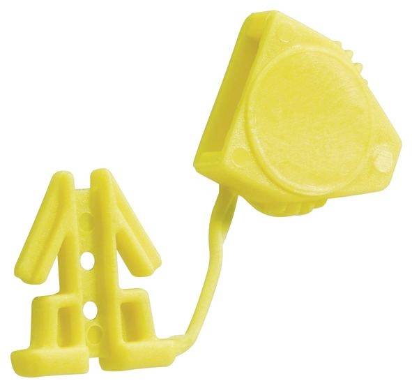 Gelber Plastikclip mit einem menschlichen Symbol am Ende, möglicherweise als Anhänger oder Markierung verwendet.