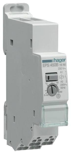 Ein elektronischer Zeitrelais-Schalter der Marke Hager, Modell EPS 450B, geeignet für 16A und 250V, mit Drehregler und LED-Anzeige.