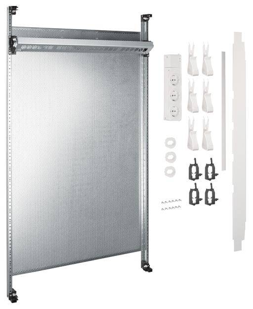 Metallgerüst eines Schrank-Organizers mit Löchern zur Befestigung. Enthält Befestigungsmaterial und Zubehör, wie Steckregale und Klammern.