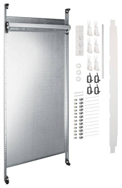 Metallgerüst-Set mit Netz, Schrauben, Dübeln und anderem Montagematerial. Für den Aufbau von flexiblen Wänden oder Trennsystemen geeignet.