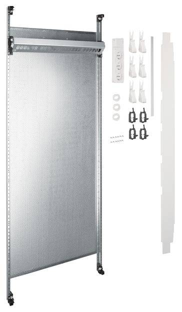 Montageset für Schrank mit Metallgitter, inklusive Schrauben, Halterungen und Zubehör. Geeignet für Heimwerkerprojekte zur Organisation.
