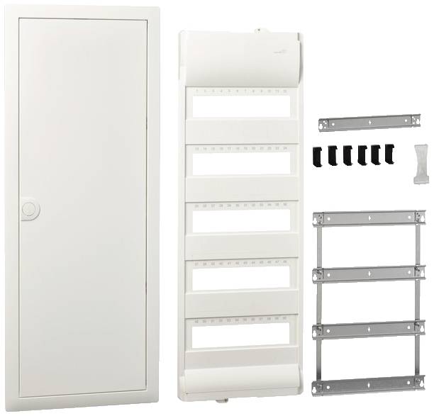 Ein leerer Elektroschaltschrank mit Tür, abnehmbarem Panel, Metallträgern und Kunststoff-Clips für die Montage elektrischer Komponenten.