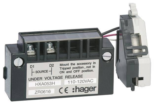 Unterspannungsauslösung von Hager mit der Modellnummer HXA053H, geeignet für 110-120VAC. Gerät ist in 'Tripped-Position'.