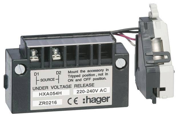 Ein Unterspannungsauslöser von Hager mit der Modellnummer HXA054H, Spannung 220-240V AC, zeigt die Anschlüsse D1 und D2.