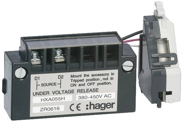 Ein Unterspannungsauslöser der Marke Hager, Modell HXA055H, geeignet für 380-450V AC. Wird in Sicherheitsstromkreisen verwendet.