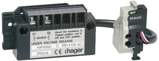 Unterspannungsauslöser HXF055H von Hager zur Installation in elektrische Systeme, geeignet für 380-415V AC. Enthält Montieranweisungen.