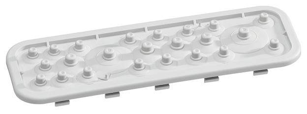 Einzelne weiße Lego-Platte mit abgerundeten Ecken und Noppen in mehreren Reihen, typisch für Bauprojekte oder Modellbau.