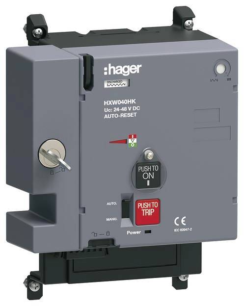 Ein elektrisches Schaltgerät von Hager mit Tastern für 'PUSH TO ON' und 'PUSH TO TRIP' und einem Schlüsselschalter.