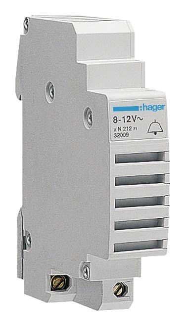 Eine weiße Hager Klingeltransformator mit der Aufschrift '8-12V'.