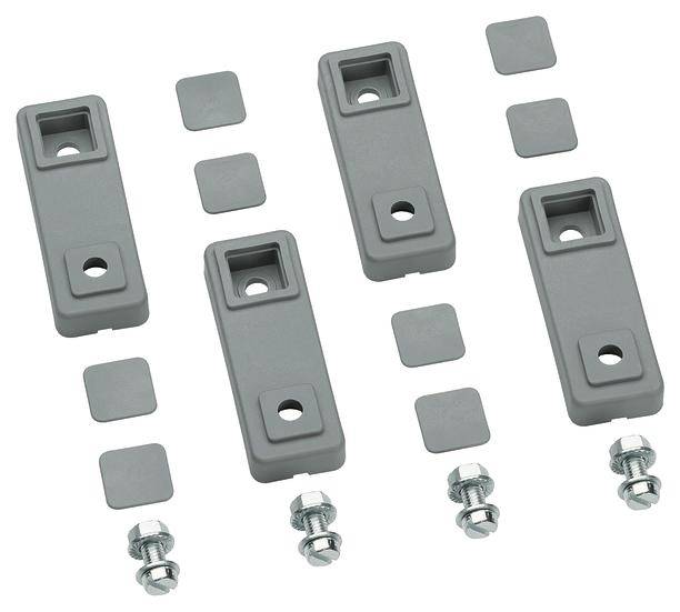 Vier graue Türpufferhalterungen mit rechteckigem Design und Schrauben zum Befestigen sind symmetrisch angeordnet.